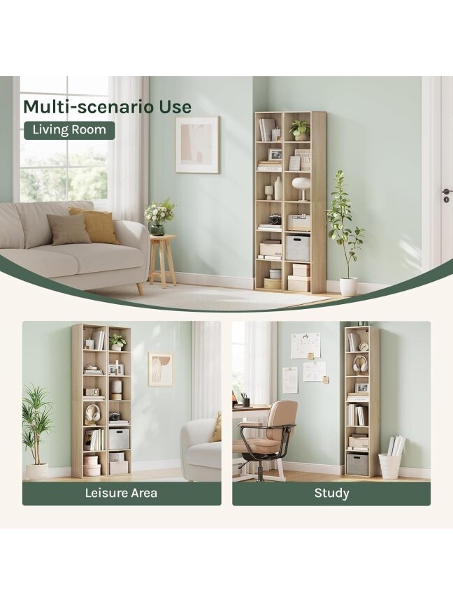 Wooden bookcase, oak finish, with 6 storage compartments. 3
