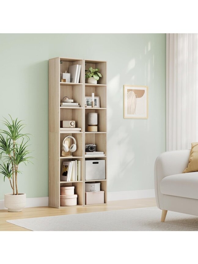 Wooden bookcase, oak finish, with 6 storage compartments. 6 Wooden bookcase, oak finish, with 6 storage compartments. 6