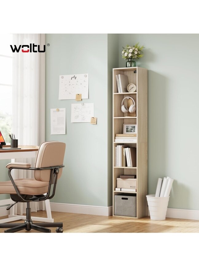 Wooden bookcase, oak finish, with 6 storage compartments.