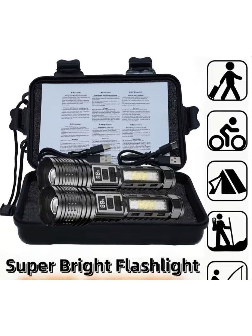 2 pcs Rechargeable LED Flashlights with 7 Modes, Zoom Function and Type-C Charging 7