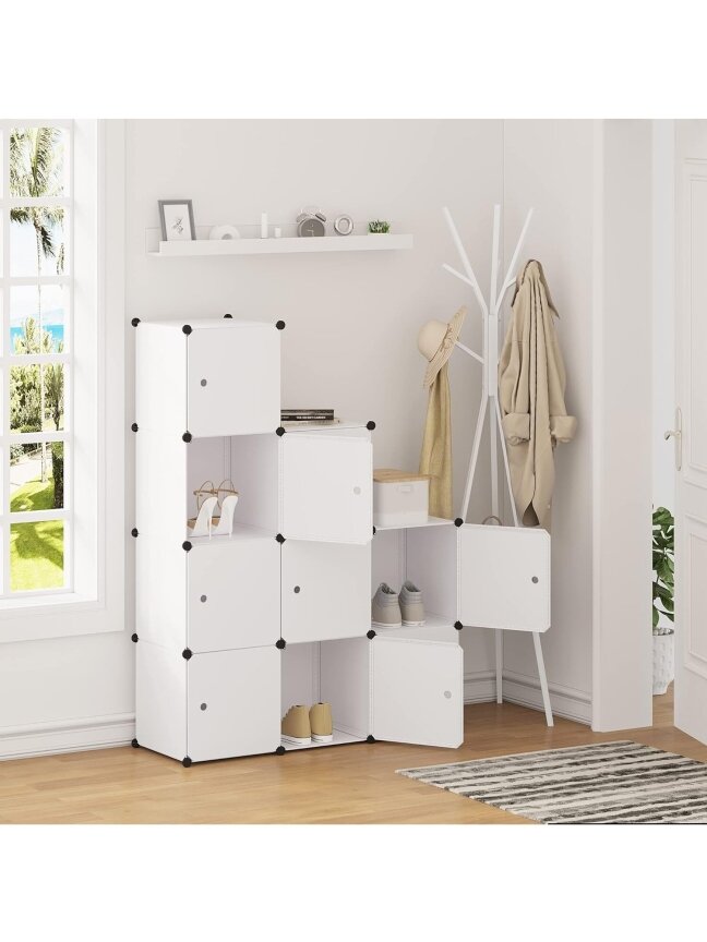 Modular plastic cabinet with doors, 9-cube DIY design, white color Modular plastic cabinet with doors, 9-cube DIY design, white color