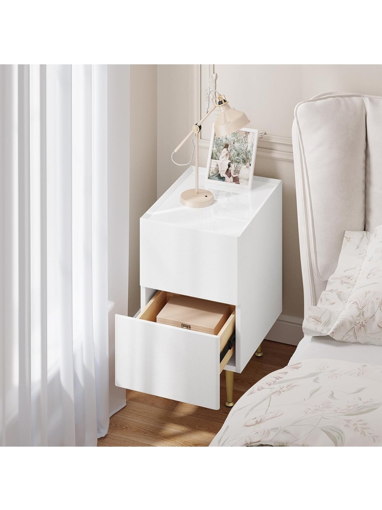 Bedside table with 2 drawers, glossy finish, 30 x 40 x 51 cm. Bedside table with 2 drawers, glossy finish, 30 x 40 x 51 cm.