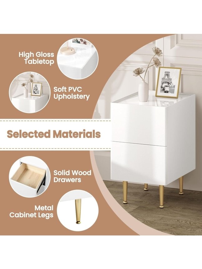 Bedside table with 2 drawers, glossy finish, 30 x 40 x 51 cm. 8 Bedside table with 2 drawers, glossy finish, 30 x 40 x 51 cm. 8