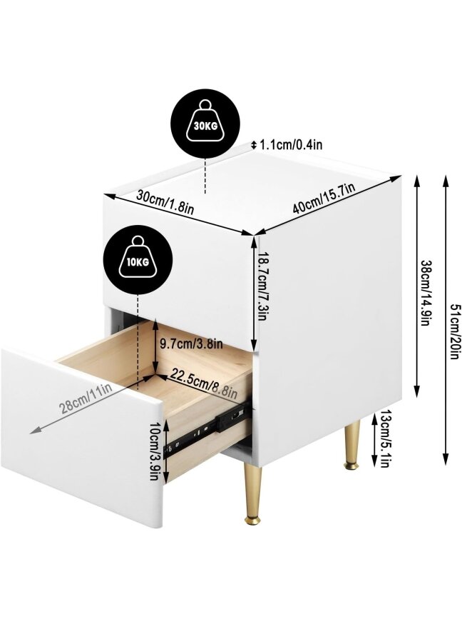 Bedside table with 2 drawers, glossy finish, 30 x 40 x 51 cm. 4 Bedside table with 2 drawers, glossy finish, 30 x 40 x 51 cm. 4