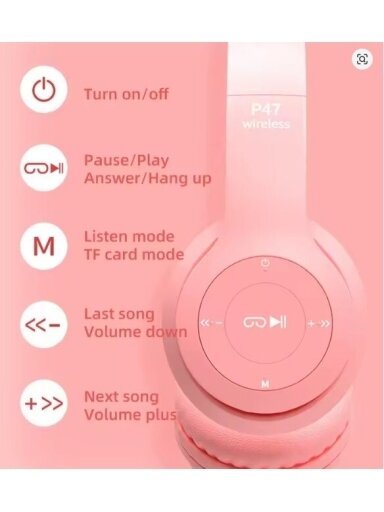 P47M belaidės Bluetooth ausinės su katės ausytėmis (Violetinė) P47M belaidės Bluetooth ausinės su katės ausytėmis (Violetinė)