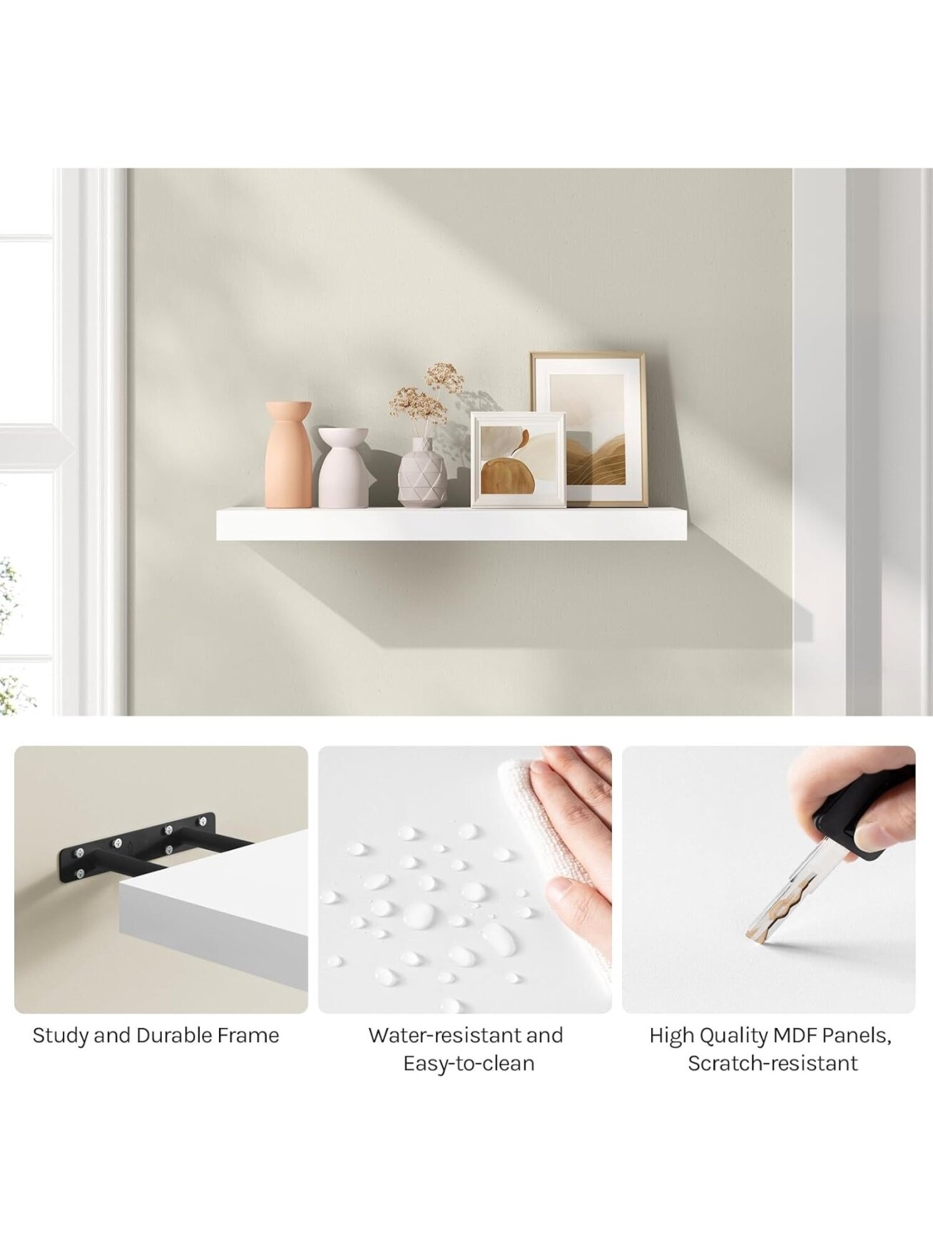 Seinariiul, puidust plaat, 60 x 22.9 x 3.8 cm, valge värv. 1