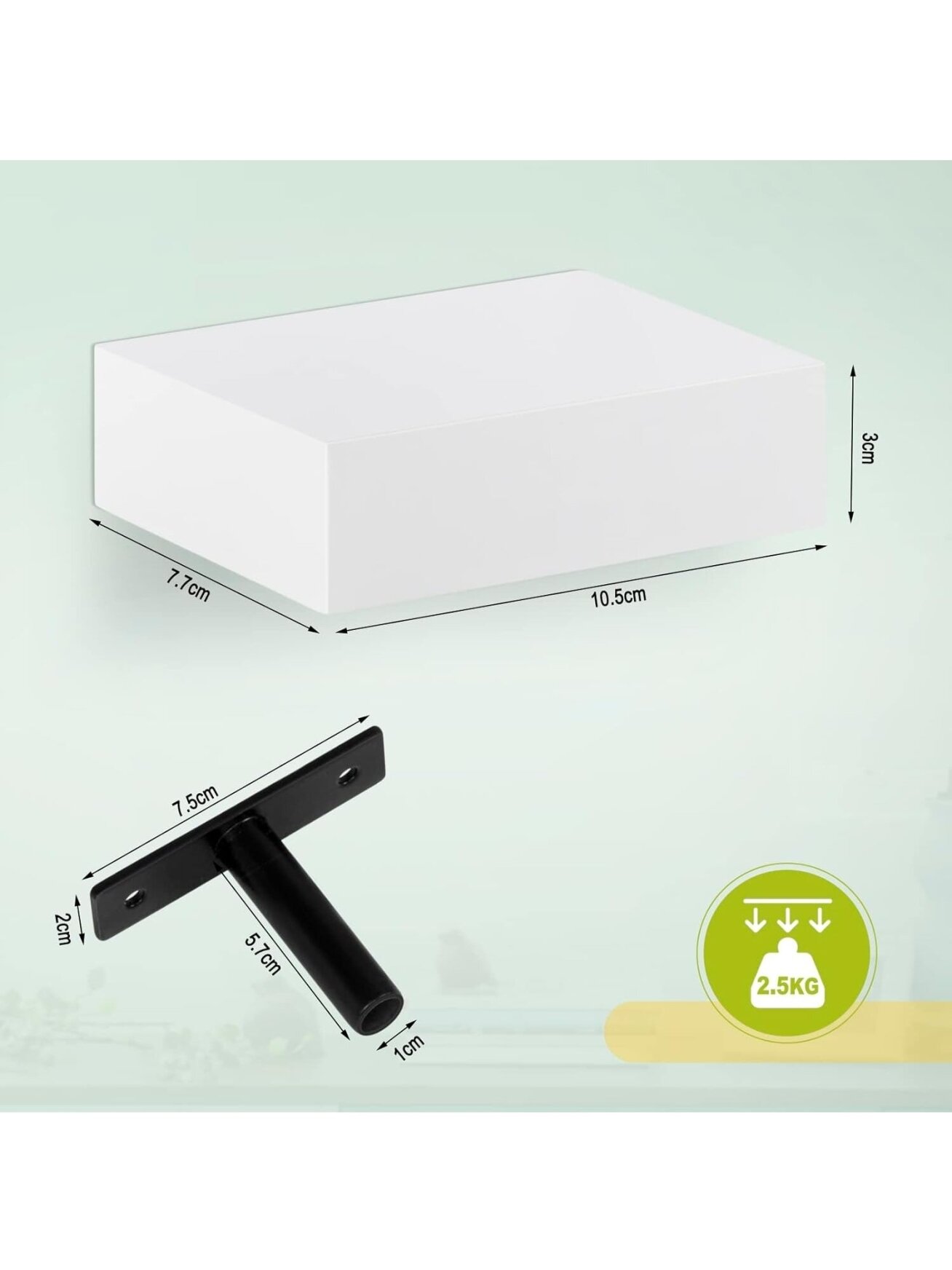 Wall-mounted floating shelf, glossy MDF shelf, 1 pc., 10.5 x 7.5 x 3 cm, white. 1