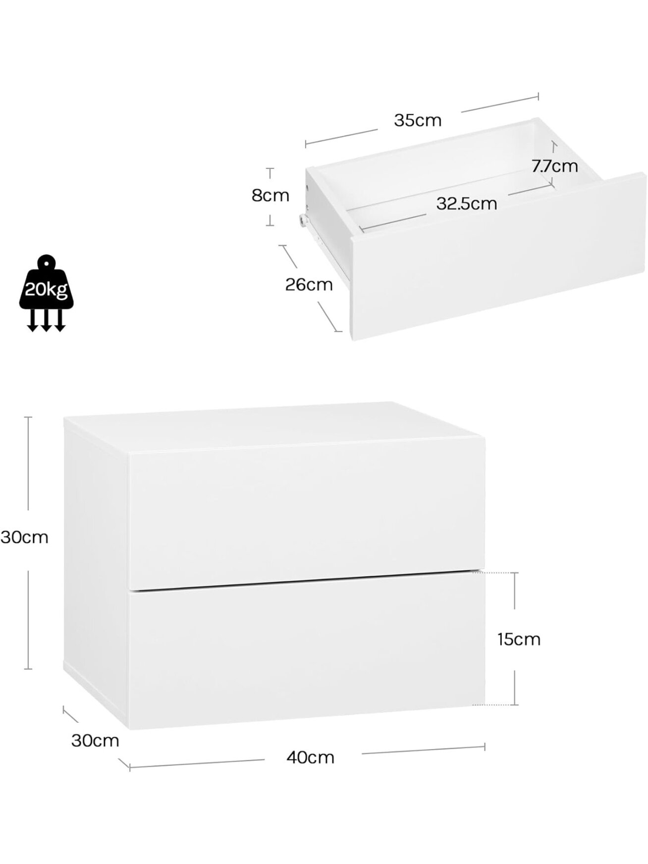 Wall-mounted bedside table with drawer, 40 × 30 × 30 cm 2