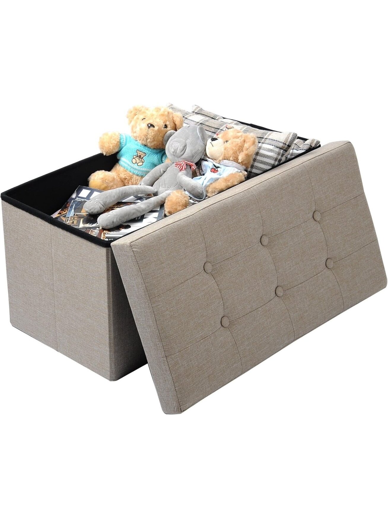 Linen storage ottoman with storage compartment, foldable storage bench pouffe, 76 × 37.5 × 38 cm, beige 3