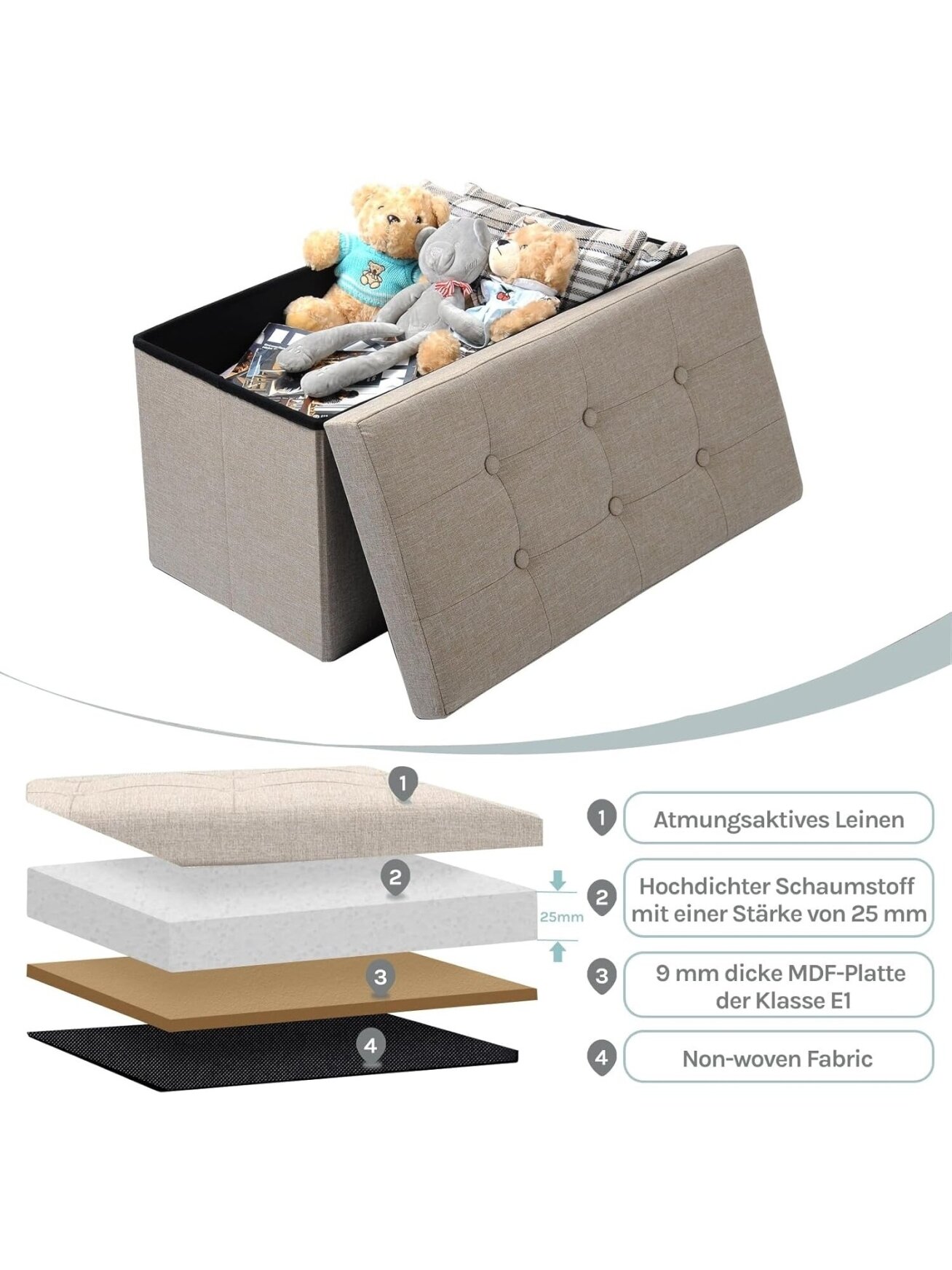 Linen storage ottoman with storage compartment, foldable storage bench pouffe, 76 × 37.5 × 38 cm, beige 2