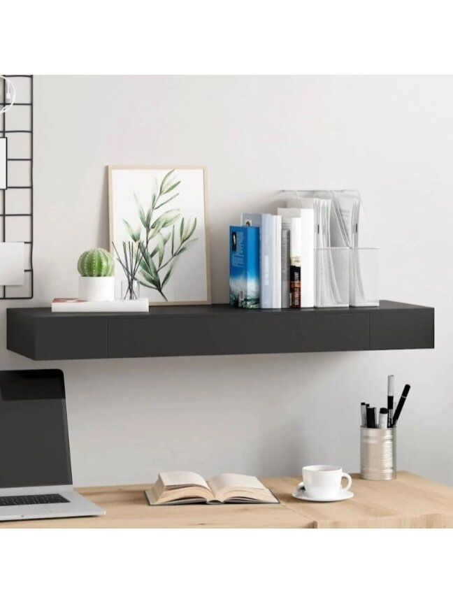 Wall-mounted shelf with drawer, black, 80 × 25 × 8 cm 1