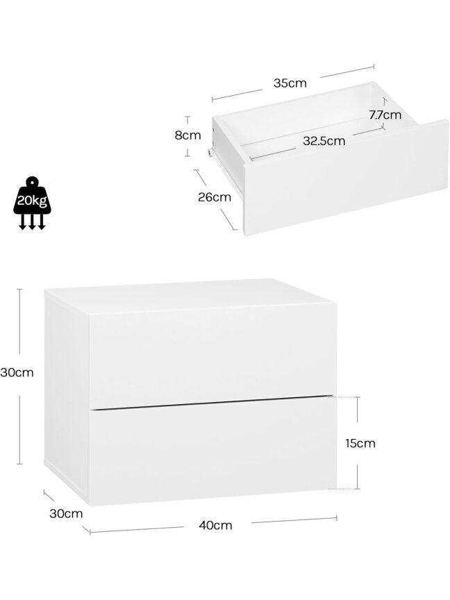 Wall-mounted bedside table with drawer, 40 × 30 × 30 cm 2