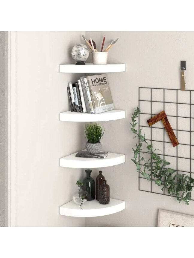 Pakabinamos kampinės lentynos, 4vnt., baltos, 25x25x3,8cm, MDF