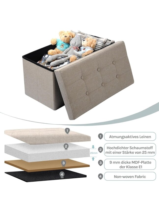 Linen storage ottoman with storage compartment, foldable storage bench pouffe, 76 × 37.5 × 38 cm, beige 2