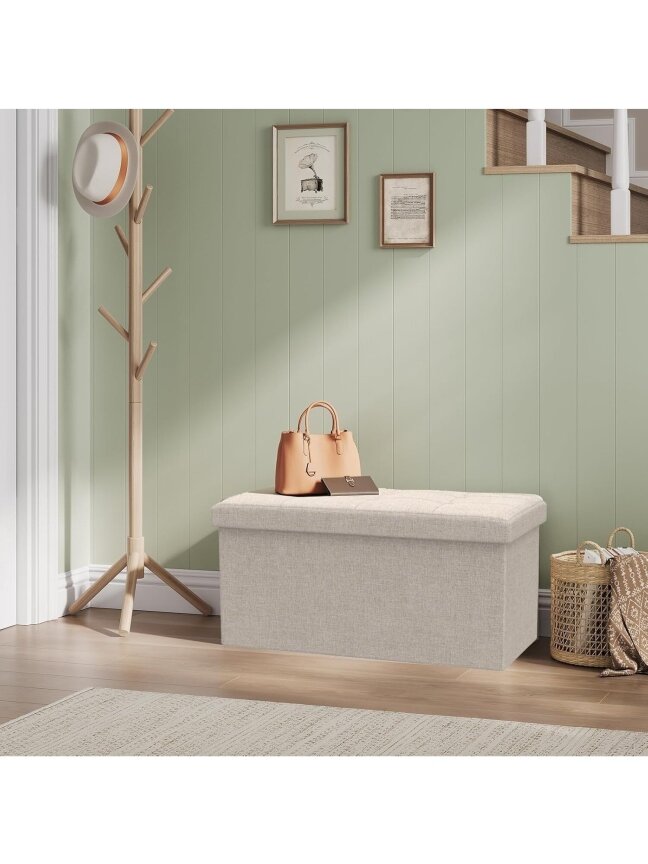 Linen storage ottoman with storage compartment, foldable storage bench pouffe, 76 × 37.5 × 38 cm, beige