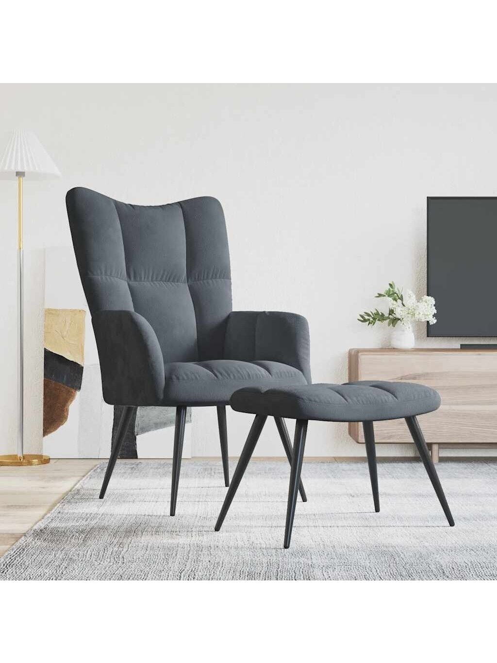 Recliner chair with footrest, dark grey, velvet