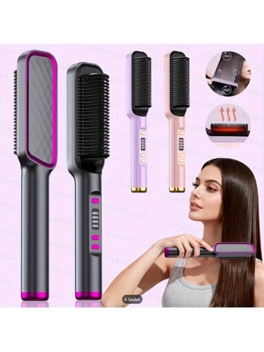 Profesionali plaukų tiesinimo šepetėlis 2-in-1 – tiesintuvas ir garbanotuvas su LED ekranu (juoda–violetinė). Profesionali plaukų tiesinimo šepetėlis 2-in-1 – tiesintuvas ir garbanotuvas su LED ekranu (juoda–violetinė).
