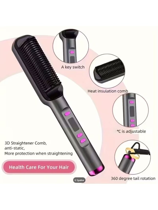 Professional 2-in-1 hair straightening brush – straightener and curler with LED display (black–purple) – updated version: fast heating & long-lasting styling 2