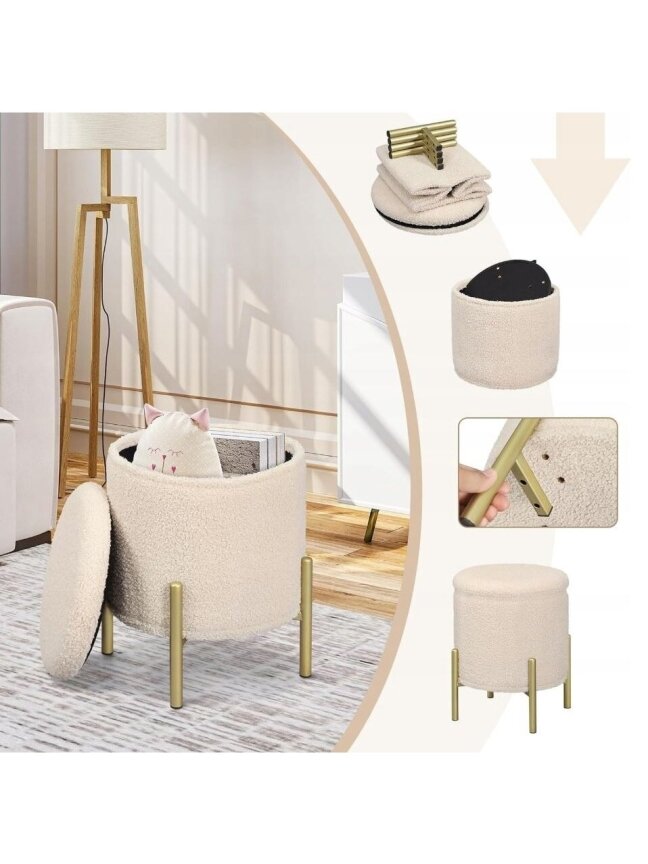 Storage ottoman with hidden compartment, plush fabric upholstery, gold metal legs, beige color. 4 Storage ottoman with hidden compartment, plush fabric upholstery, gold metal legs, beige color. 4