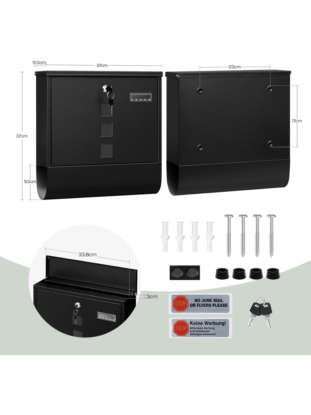 Lockable wall-mounted mailbox with newspaper compartment and viewing window, black, 37 x 37 x 11 cm. 3