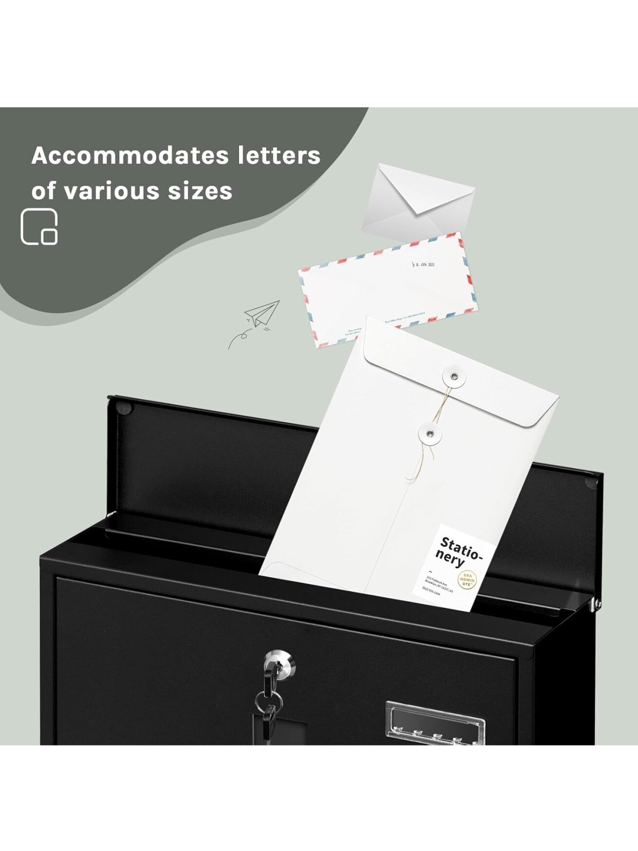 Lockable wall-mounted mailbox with newspaper compartment and viewing window, black, 37 x 37 x 11 cm. 6