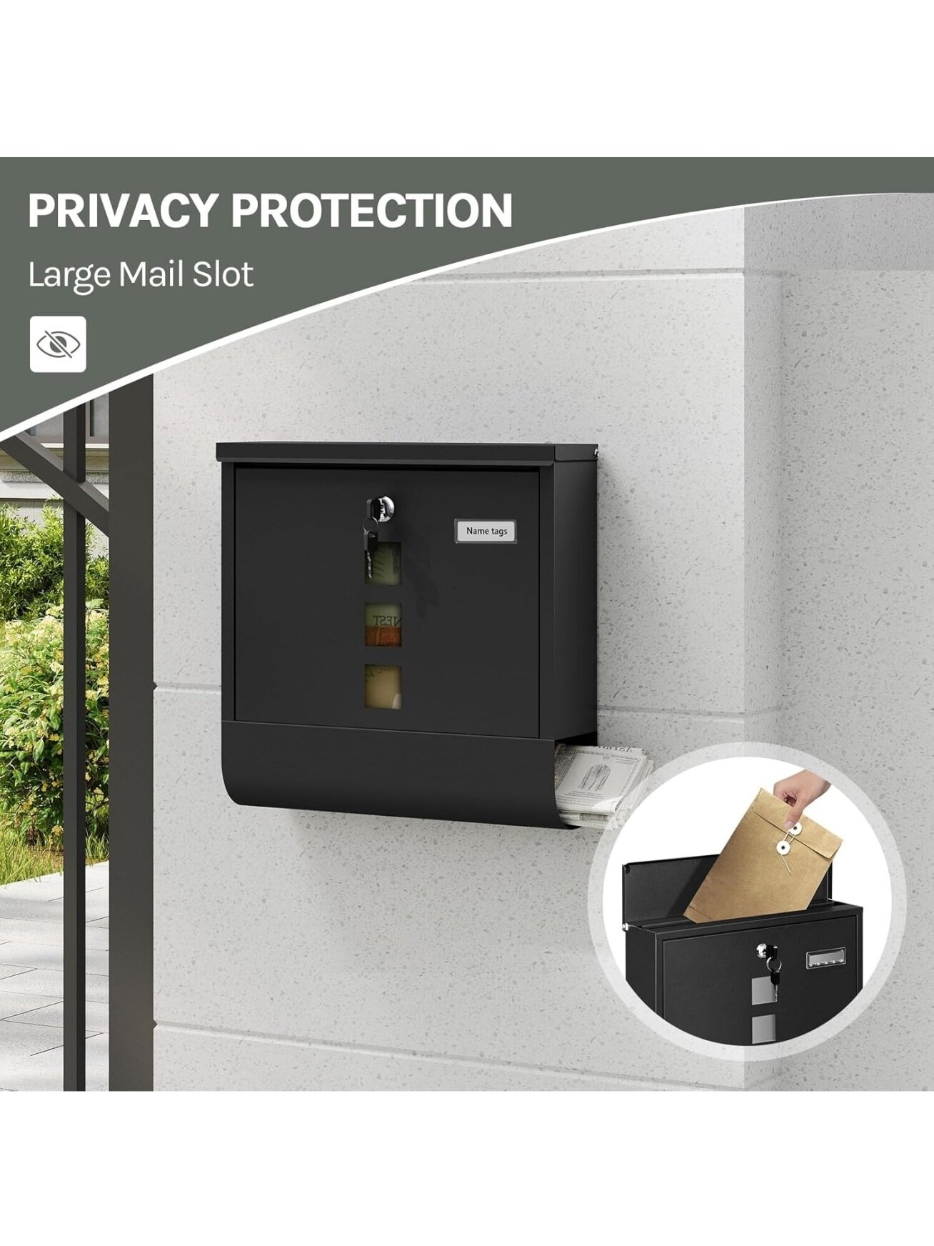 Lockable wall-mounted mailbox with newspaper compartment and viewing window, black, 37 x 37 x 11 cm. 7