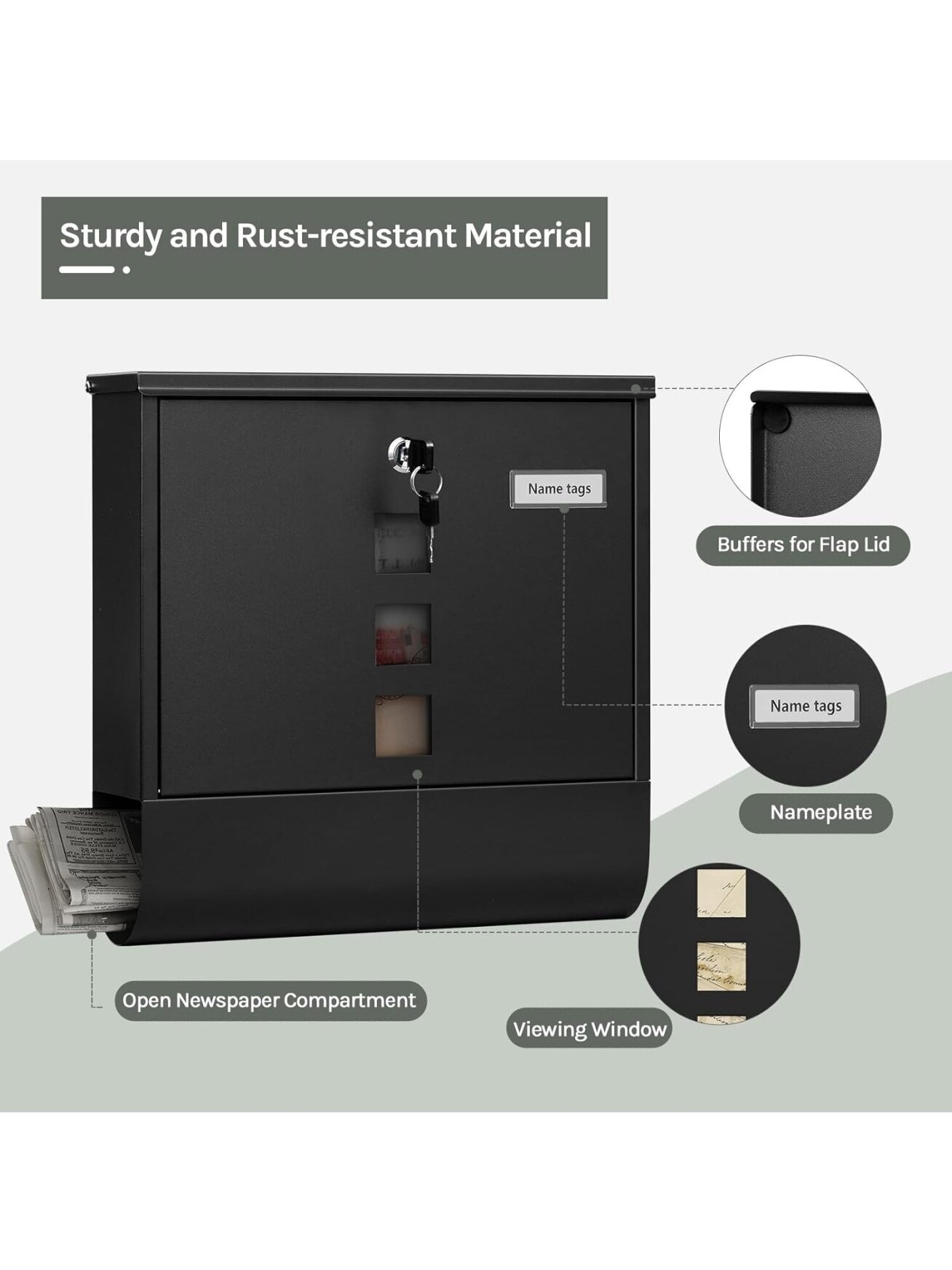 Lockable wall-mounted mailbox with newspaper compartment and viewing window, black, 37 x 37 x 11 cm. 2