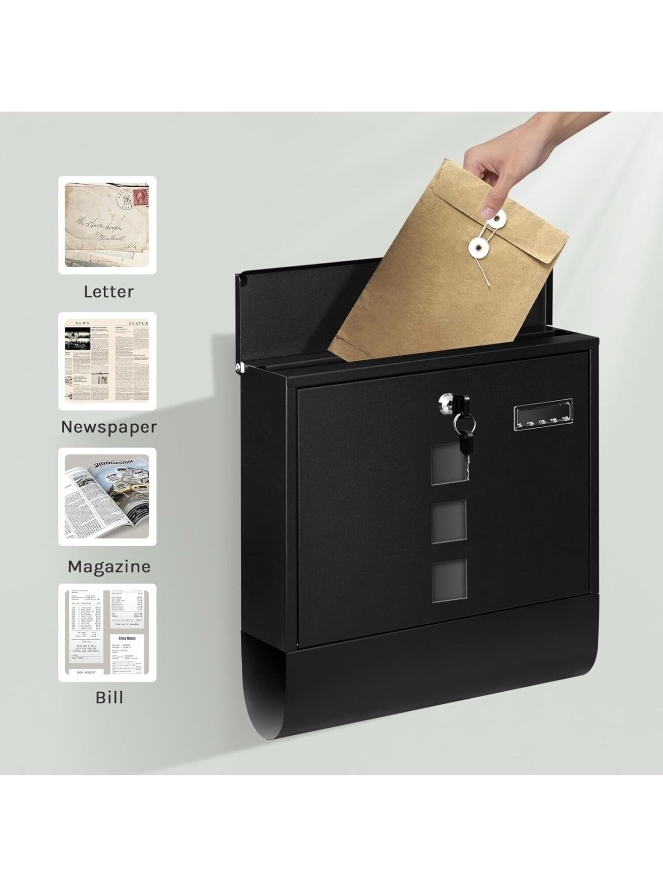 Lockable wall-mounted mailbox with newspaper compartment and viewing window, black, 37 x 37 x 11 cm. 1