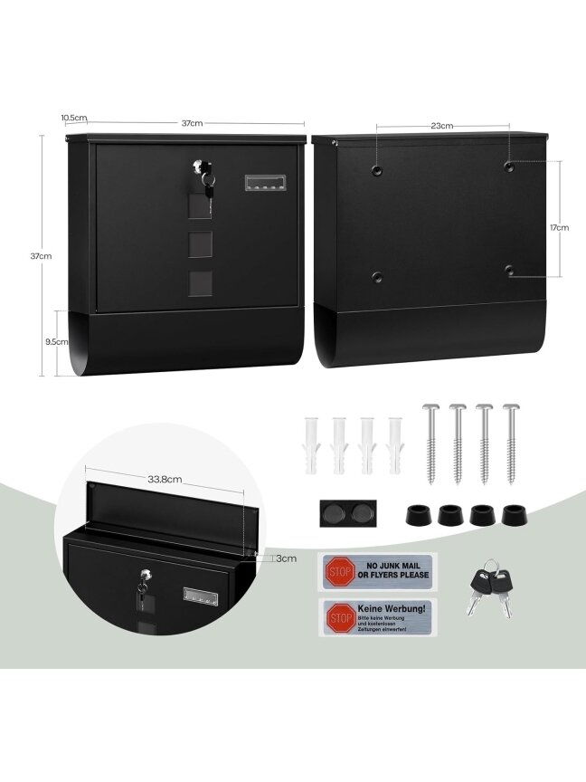 Lockable wall-mounted mailbox with newspaper compartment and viewing window, black, 37 x 37 x 11 cm. 3