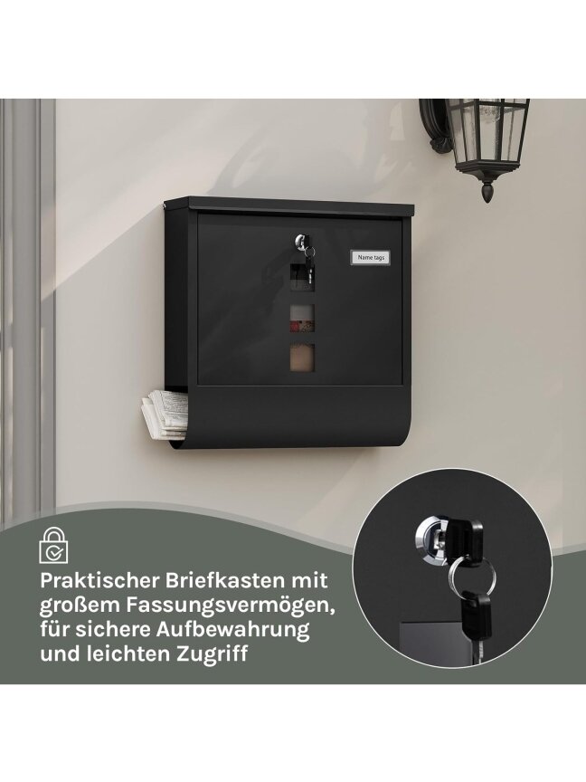 Lockable wall-mounted mailbox with newspaper compartment and viewing window, black, 37 x 37 x 11 cm. 5