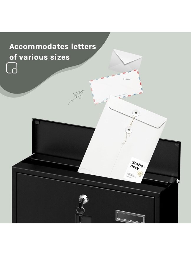 Lockable wall-mounted mailbox with newspaper compartment and viewing window, black, 37 x 37 x 11 cm. 6