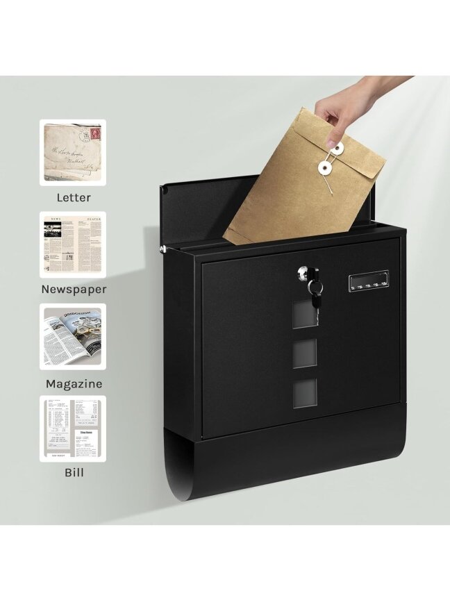 Lockable wall-mounted mailbox with newspaper compartment and viewing window, black, 37 x 37 x 11 cm. 1