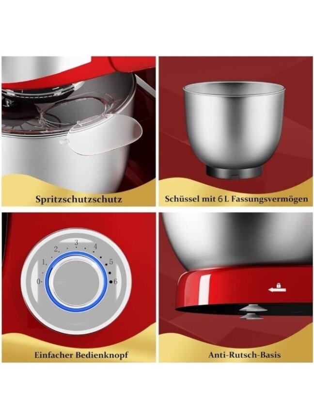 Royalty Line RL-PKM1600: 1600 W, 6-kiiruseline roostevabast terasest köögikombain, 6 l – punane 7
