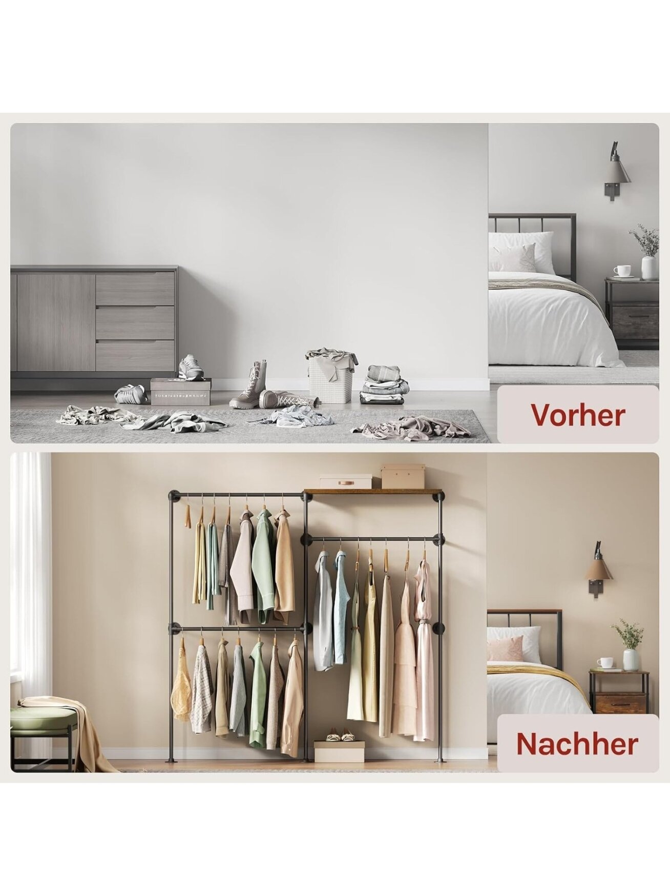 Industrial-Style Wall-Mounted Open Wardrobe with Shelf and 3 Clothes Hanging Rails 4