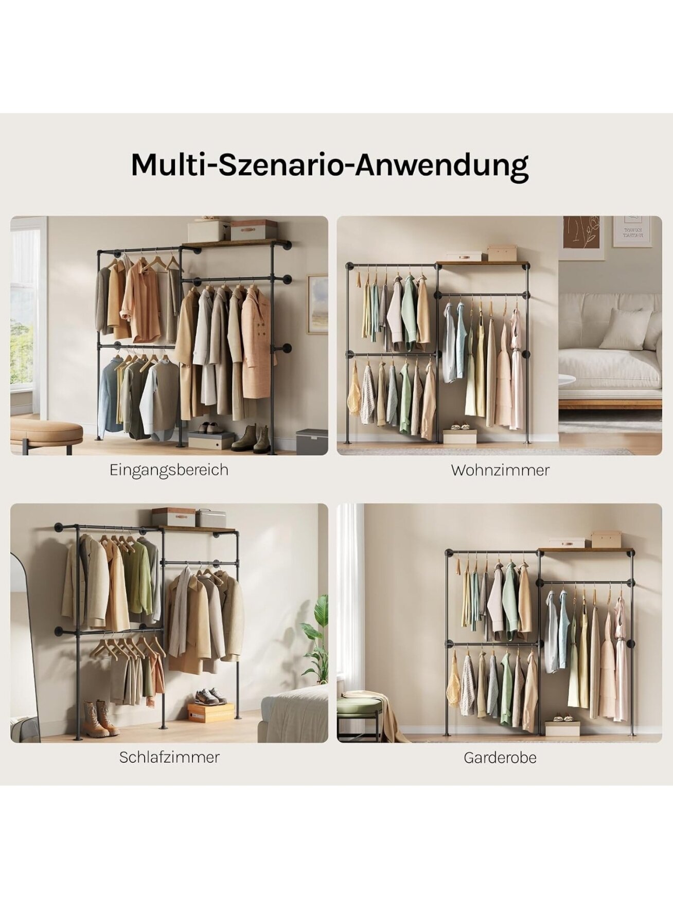 Industrial-Style Wall-Mounted Open Wardrobe with Shelf and 3 Clothes Hanging Rails 5