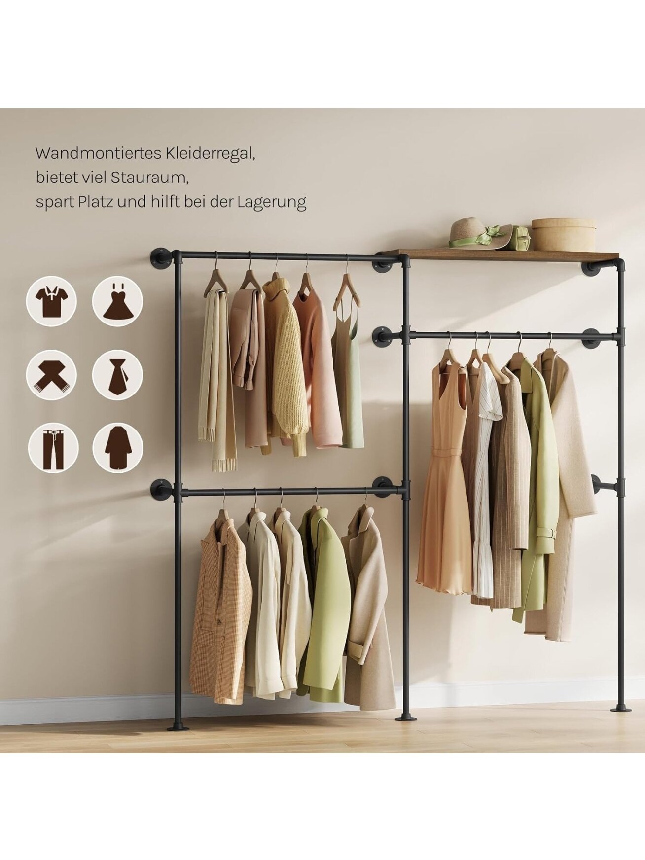 Industrial-Style Wall-Mounted Open Wardrobe with Shelf and 3 Clothes Hanging Rails 7