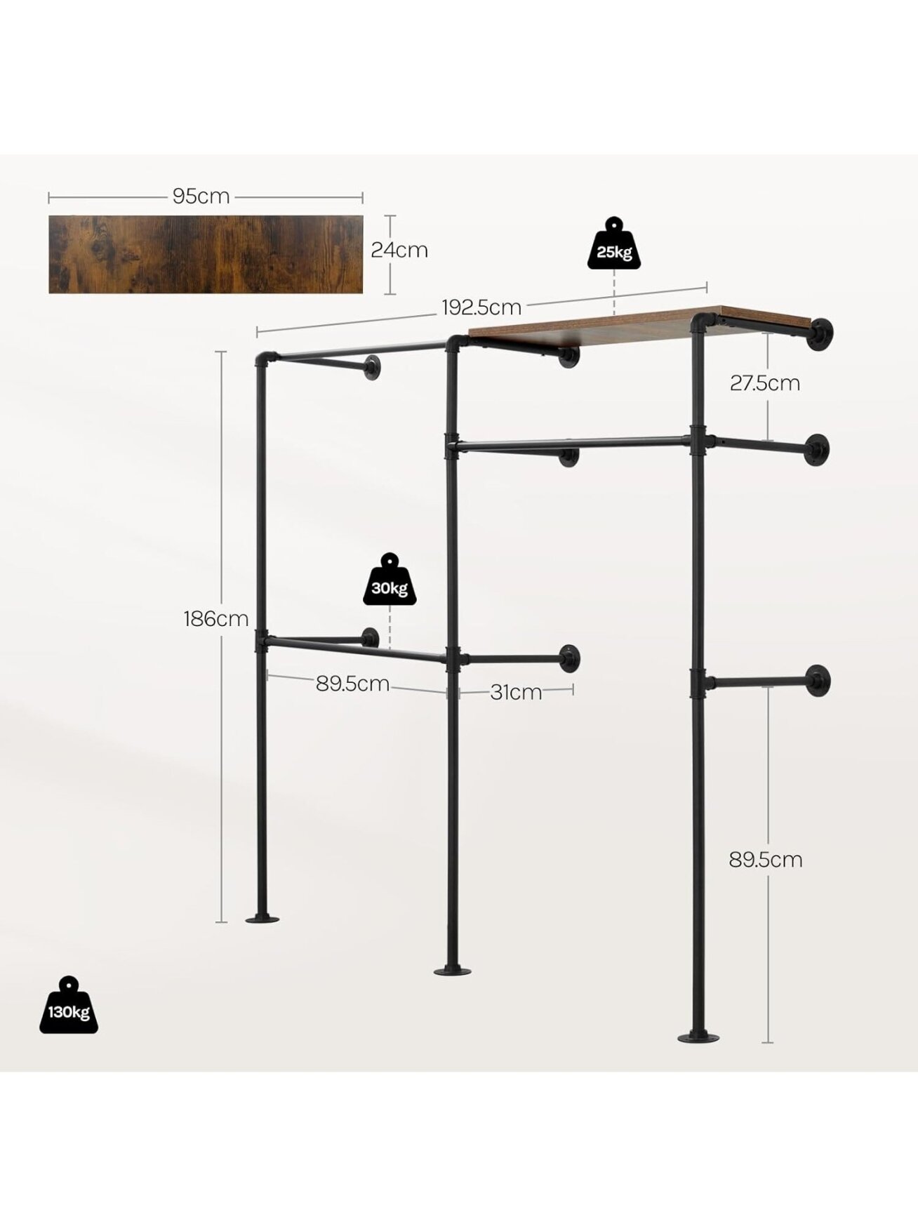 Industrial-Style Wall-Mounted Open Wardrobe with Shelf and 3 Clothes Hanging Rails 8