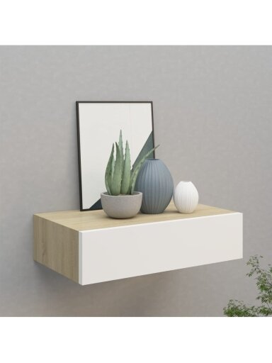 Sienas plaukts ar atvilktni, ozols/balts, 40 x 23,5 x 10 cm, MDF