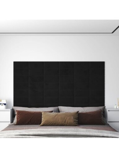 Sienas paneļi, 12 gab., melni, 30 × 15 cm, samts, 0,54 m²