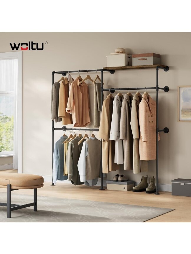 Industrial-Style Wall-Mounted Open Wardrobe with Shelf and 3 Clothes Hanging Rails