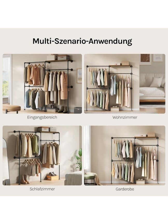 Industrial-Style Wall-Mounted Open Wardrobe with Shelf and 3 Clothes Hanging Rails 5