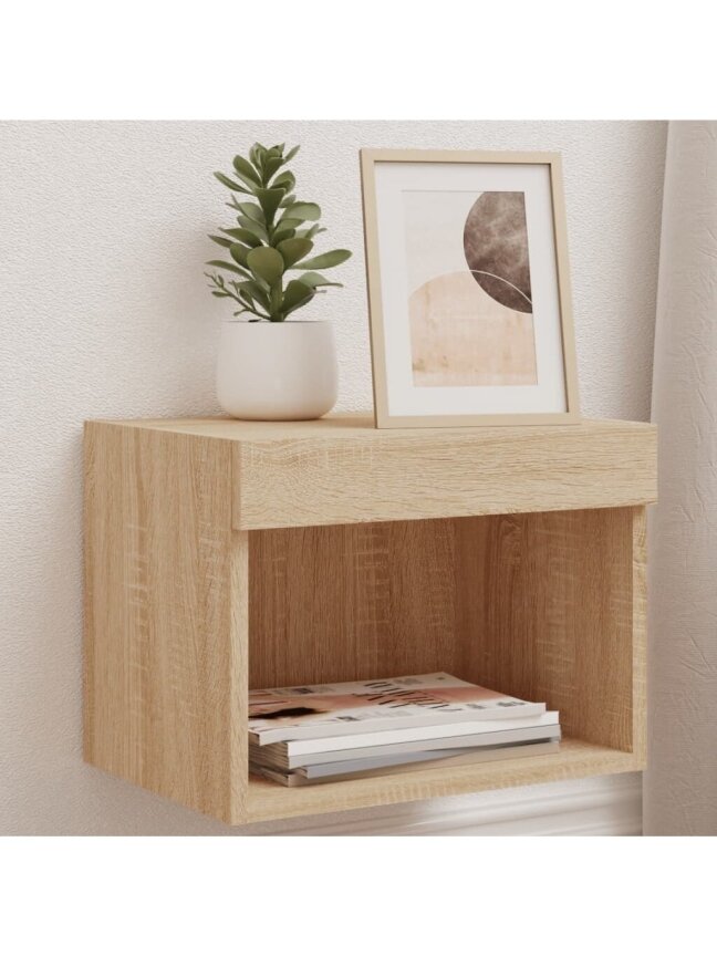 Wall-Mounted Nightstands with LED Lights, 2 pcs, Oak 1 Wall-Mounted Nightstands with LED Lights, 2 pcs, Oak 1