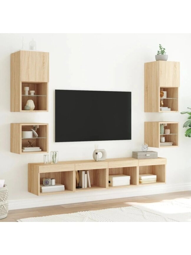 Wall-Mounted Nightstands with LED Lights, 2 pcs, Oak 4 Wall-Mounted Nightstands with LED Lights, 2 pcs, Oak 4