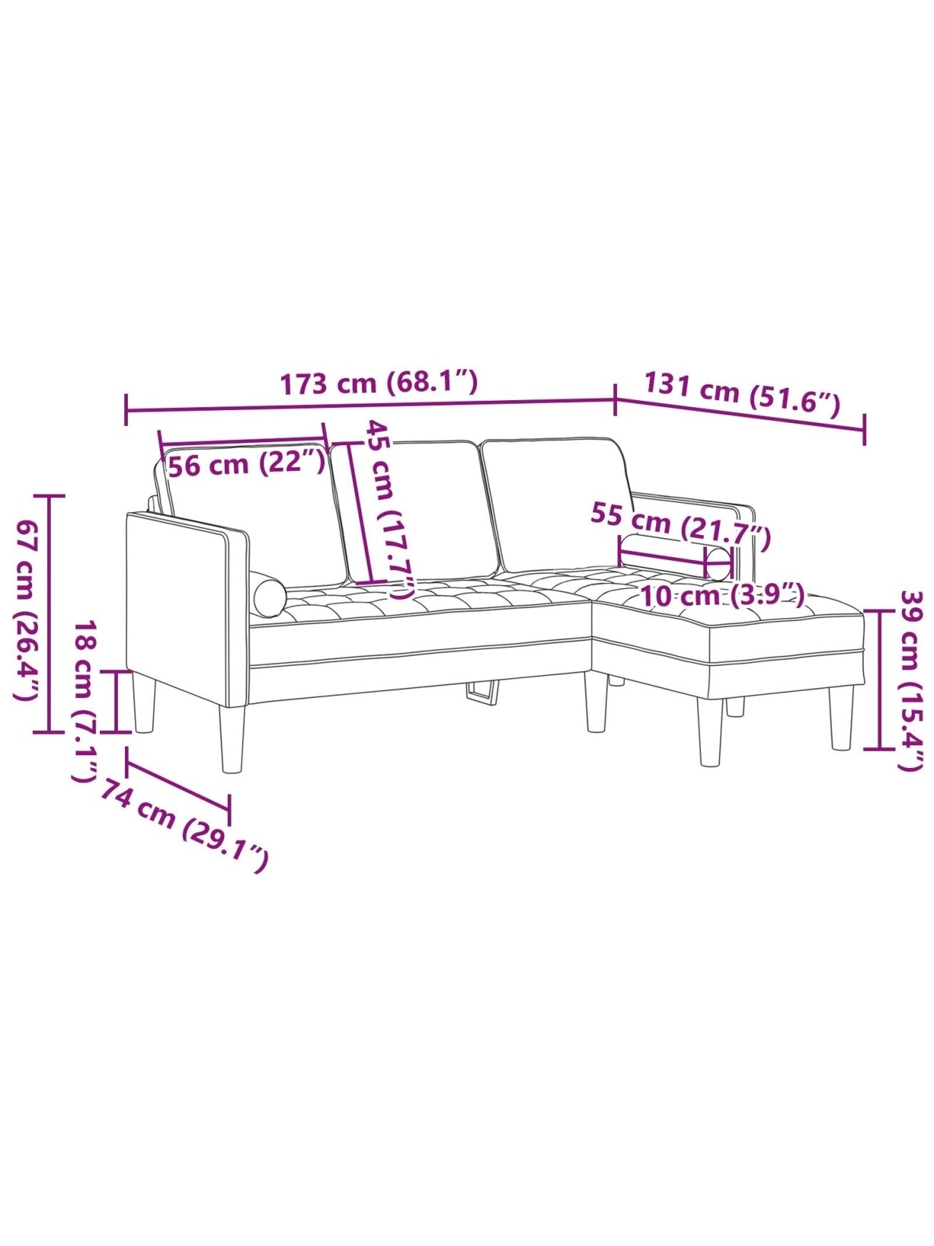 Sofa set, wine red, 173 x 131 x 67 cm, fabric 7