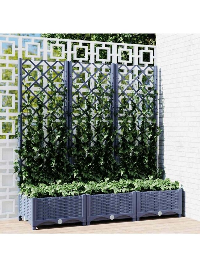 Garden planter with trellis, blue-grey, 120 × 40 × 121.5 cm, PP