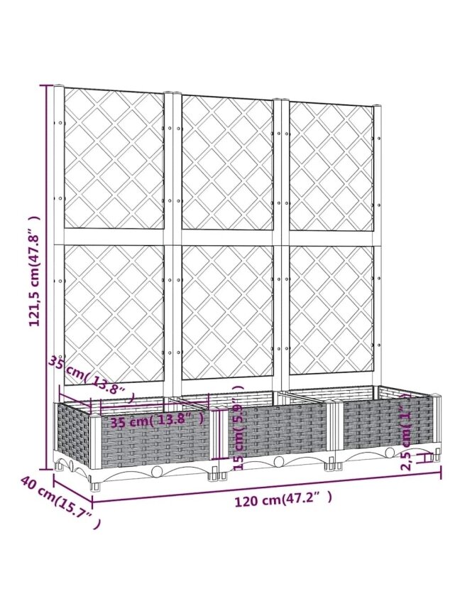 Garden planter with trellis, blue-grey, 120 × 40 × 121.5 cm, PP 6