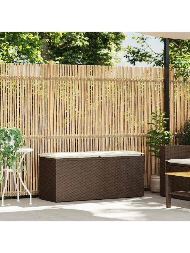 Garden bench with cushion, brown, 110 x 40 x 44 cm, poly rattan