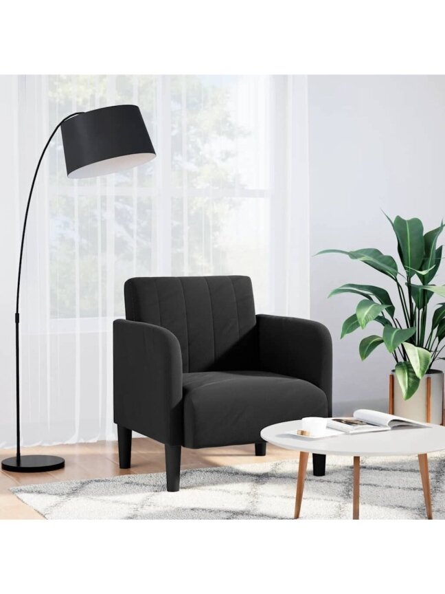 Sofa-fotelis su porankiais, juodas, 54 cm, aksomas