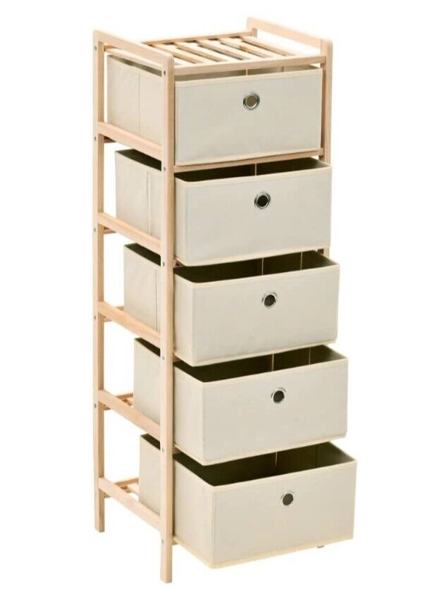 Cabinet with 5 fabric baskets, cedar wood, sand color Cabinet with 5 fabric baskets, cedar wood, sand color