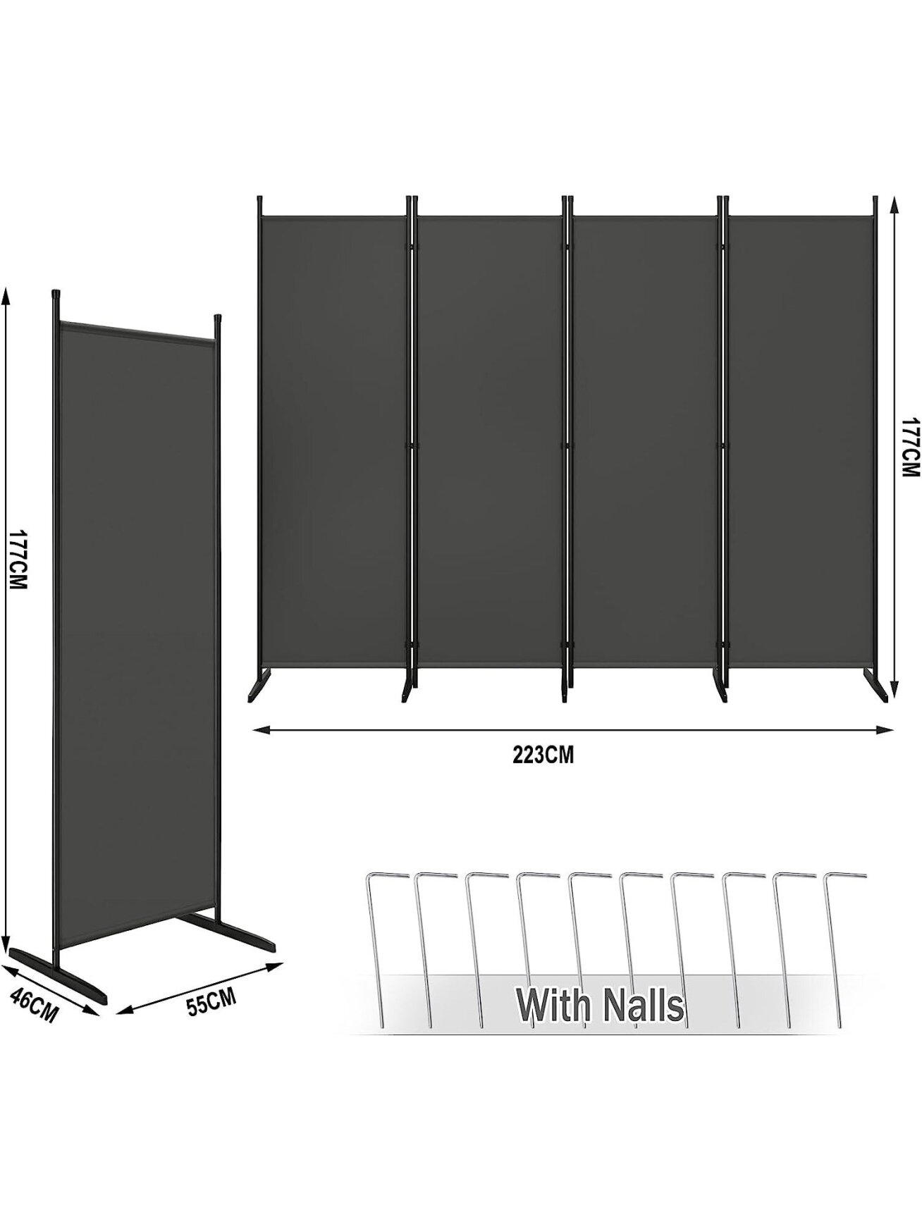 Foldable room divider, free-standing privacy screen, room separation panel, dark grey 3